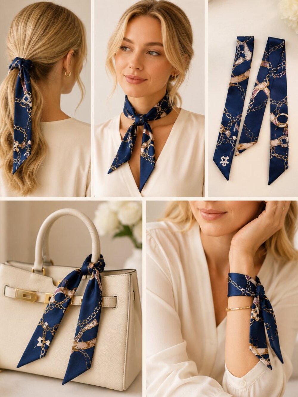 Navy Equestrian Print Skinny Silk Scarf Hair Neck Bag Accent